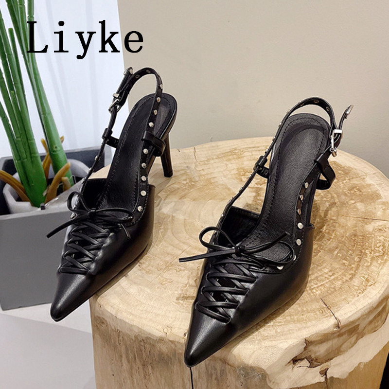 Liyke čiernobiele dámske vysoké podpätky 8,5 cm, módne nitované pracky vzadu, dámske lodičky s dutou krížovou viazanou špičkou a špicatou špičkou