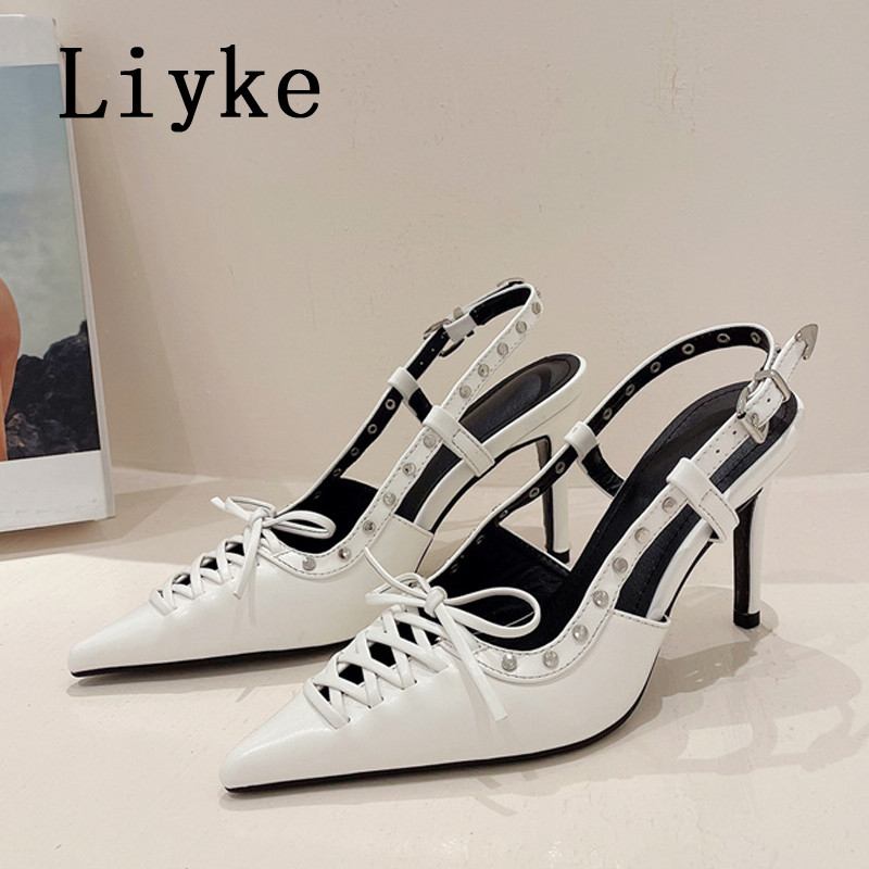 Liyke čiernobiele dámske vysoké podpätky 8,5 cm, módne nitované pracky vzadu, dámske lodičky s dutou krížovou viazanou špičkou a špicatou špičkou