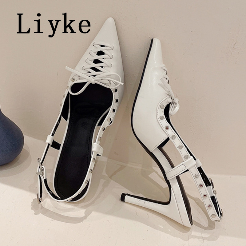 Liyke čiernobiele dámske vysoké podpätky 8,5 cm, módne nitované pracky vzadu, dámske lodičky s dutou krížovou viazanou špičkou a špicatou špičkou