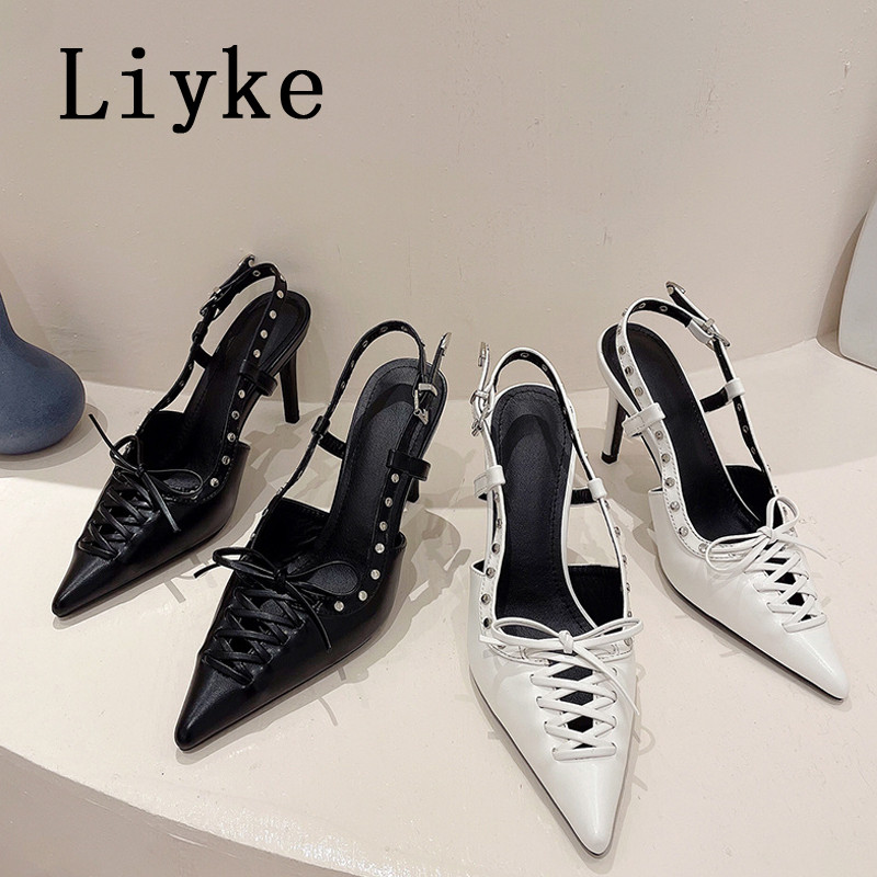 Liyke čiernobiele dámske vysoké podpätky 8,5 cm, módne nitované pracky vzadu, dámske lodičky s dutou krížovou viazanou špičkou a špicatou špičkou