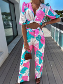 Femei cu talie elastică pantaloni cu picioare late 2 buc. costume de vară modă lanternă mâneci imprimare cu decolteu în V adânc Seturi asortate pentru femei Streetwear