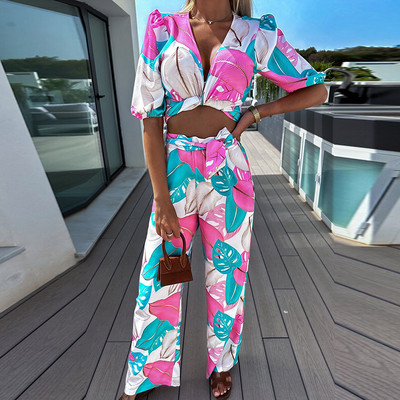 Femei cu talie elastică pantaloni cu picioare late 2 buc. costume de vară modă lanternă mâneci imprimare cu decolteu în V adânc Seturi asortate pentru femei Streetwear