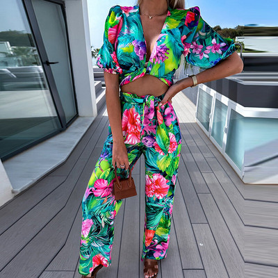 Femei cu talie elastică pantaloni cu picioare late 2 buc. costume de vară modă lanternă mâneci imprimare cu decolteu în V adânc Seturi asortate pentru femei Streetwear