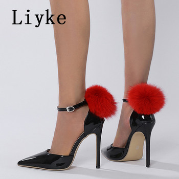 Liyke Черни обувки с висок ток за жени 2023 Модни летни сандали с пухкава козина Дамски обувки с катарама и катарама с остри пръсти Помпи