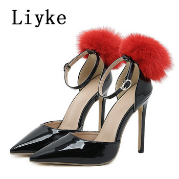Liyke Черни обувки с висок ток за жени 2023 Модни летни сандали с пухкава козина Дамски обувки с катарама и катарама с остри пръсти Помпи