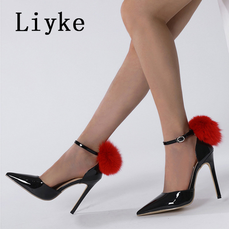 Liyke crne visoke potpetice za žene 2023. Modne pahuljasto krznene ljetne sandale Ženske cipele sa šiljatim prstima s kopčom i kopčom Cipele na štikle