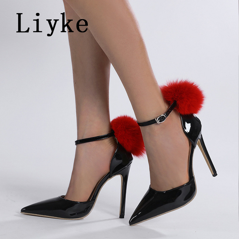 Liyke crne visoke potpetice za žene 2023. Modne pahuljasto krznene ljetne sandale Ženske cipele sa šiljatim prstima s kopčom i kopčom Cipele na štikle