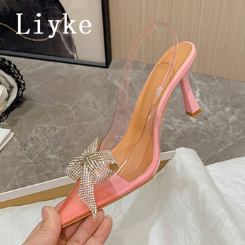 Liyke PVC прозрачни дамски помпи Модни кристални кристални панделки с остри пръсти Сватбени парти обувки Елегантни сандали на висок ток