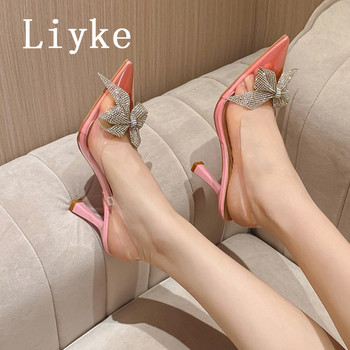 Liyke PVC διαφανές γυναικείες αντλίες μόδας κρύσταλλο στρας Bowknot με μυτερά παπούτσια γάμου κομψά ψηλοτάκουνα σανδάλια