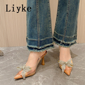 Liyke PVC прозрачни дамски помпи Модни кристални кристални панделки с остри пръсти Сватбени парти обувки Елегантни сандали на висок ток