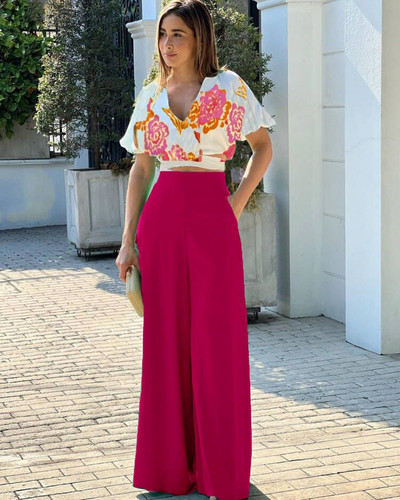 Letné nohavicové súpravy Dámske módne potlačené V-výstrih s nafúknutými rukávmi Topy Dlhé nohavice so širokými nohavicami Dvojdielne obleky Dámske