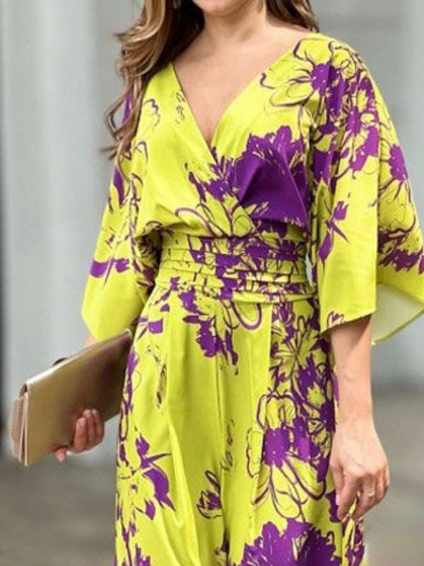 2023-as nyári, háttámla nélküli kombiné, divatos női rövid denevérujjú, V nyakú, csípős derékkal rendelkező, bő, széles lábak, hétköznapi nadrágok, magas utcai viselet