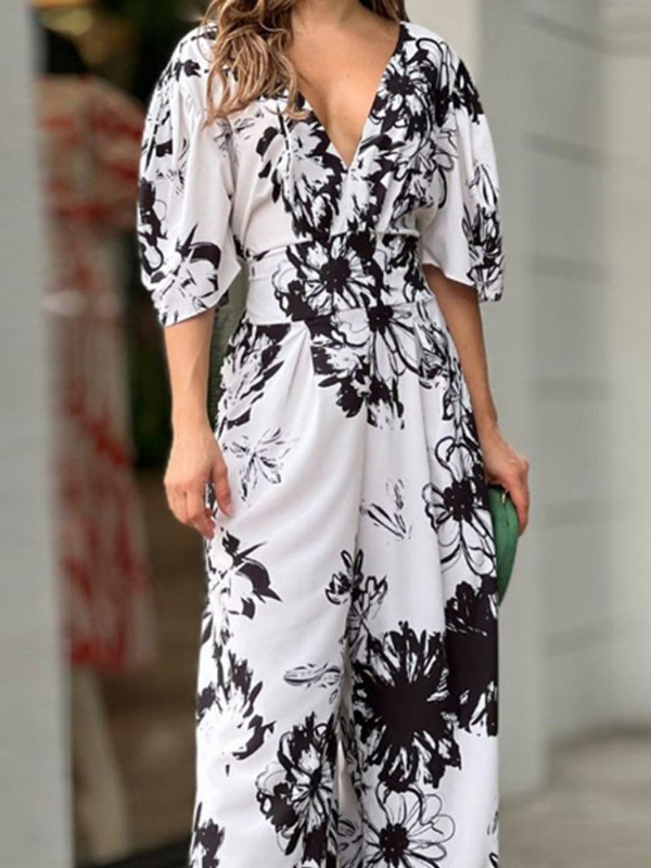 2023-as nyári, háttámla nélküli kombiné, divatos női rövid denevérujjú, V nyakú, csípős derékkal rendelkező, bő, széles lábak, hétköznapi nadrágok, magas utcai viselet