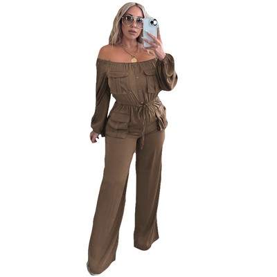 Jesenný a zimný nový najpredávanejší overal s dlhým rukávom a odhalenými ramenami, módny temperamentný šnurovací overal s vreckom v páse