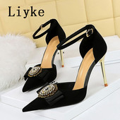 Liyke, veličina 34-40, seksi kristalna metalna kopča, šiljati vrh, visoke potpetice, cipele na remen, sandale, crni remen za gležnjeve, ženske cipele