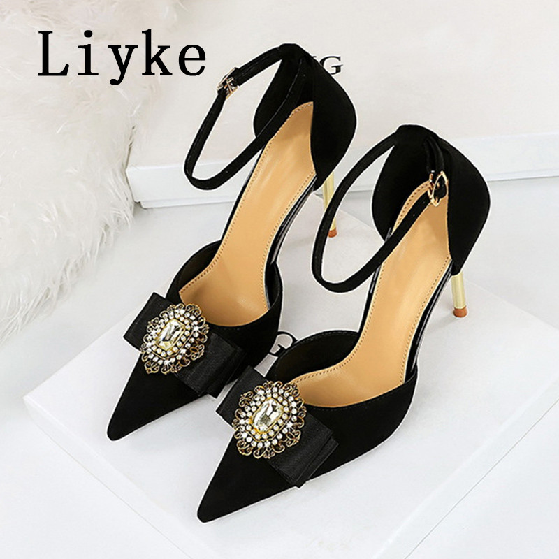 Liyke, veličina 34-40, seksi kristalna metalna kopča, šiljati vrh, visoke potpetice, cipele na remen, sandale, crni remen za gležnjeve, ženske cipele