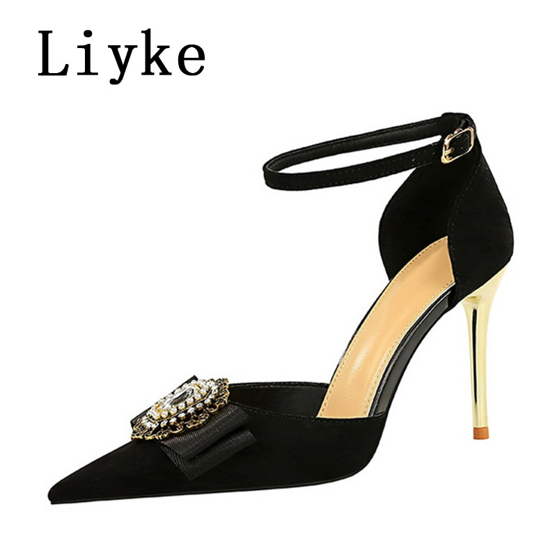 Liyke, veličina 34-40, seksi kristalna metalna kopča, šiljati vrh, visoke potpetice, cipele na remen, sandale, crni remen za gležnjeve, ženske cipele