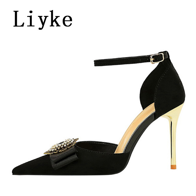Liyke, veličina 34-40, seksi kristalna metalna kopča, šiljati vrh, visoke potpetice, cipele na remen, sandale, crni remen za gležnjeve, ženske cipele