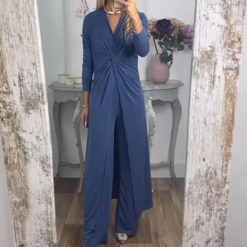 Seksi zaokrenuta kombinacija dugih haljina s V izrezom Jesenski ležerni uredski kompleti za dame Ljetni modni ženski dvodijelni odijelo s dugim hlačama