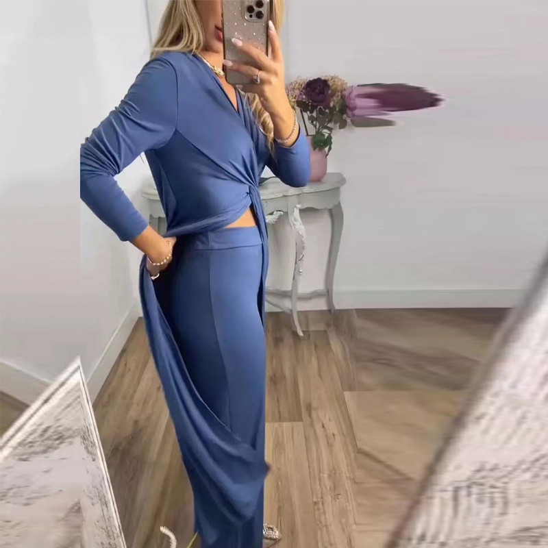 Seksi zaokrenuta kombinacija dugih haljina s V izrezom Jesenski ležerni uredski kompleti za dame Ljetni modni ženski dvodijelni odijelo s dugim hlačama