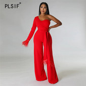 Proljetni i jesenski ženski modni kombinezon s dugim rukavima na jedno rame, temperamentni High Street, ravni kombinezon s šavovima od perja