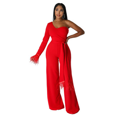 Proljetni i jesenski ženski modni kombinezon s dugim rukavima na jedno rame, temperamentni High Street, ravni kombinezon s šavovima od perja