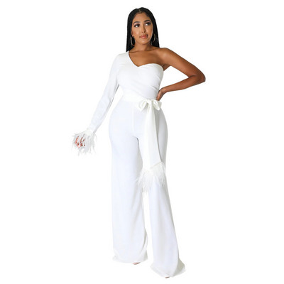 Proljetni i jesenski ženski modni kombinezon s dugim rukavima na jedno rame, temperamentni High Street, ravni kombinezon s šavovima od perja