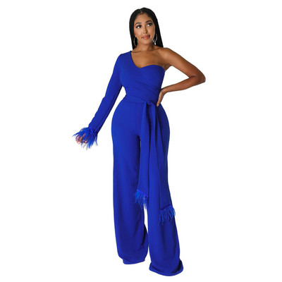 Proljetni i jesenski ženski modni kombinezon s dugim rukavima na jedno rame, temperamentni High Street, ravni kombinezon s šavovima od perja