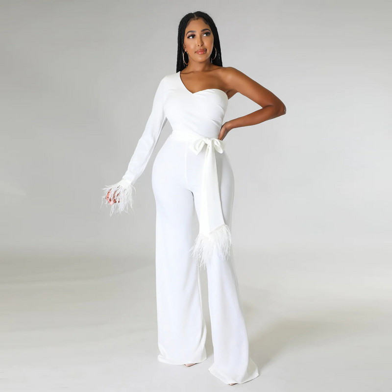 Proljetni i jesenski ženski modni kombinezon s dugim rukavima na jedno rame, temperamentni High Street, ravni kombinezon s šavovima od perja