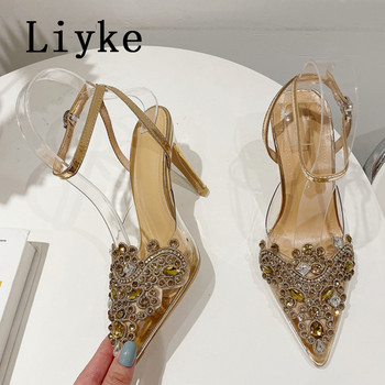 Liyke Νέα μόδα Γυναικείες αντλίες με κρύσταλλο στρας Σέξι λουράκι στον αστράγαλο ψηλοτάκουνα παπούτσια γάμου δεξιώσεων Στιλέτο σανδάλια χρυσό ασημί