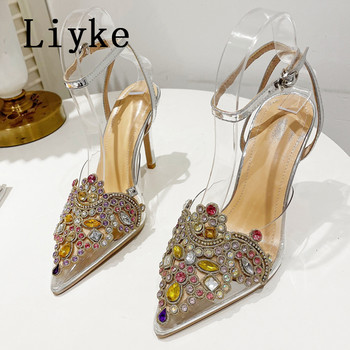 Liyke Нова мода Crystal Rhinestone Дамски помпи Секси каишка около глезена Високи токчета Сватбени банкетни обувки Сандали тип стилето Златно сребро