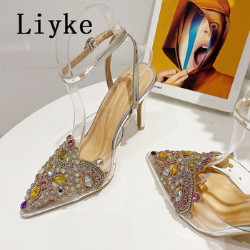 Liyke Нова мода Crystal Rhinestone Дамски помпи Секси каишка около глезена Високи токчета Сватбени банкетни обувки Сандали тип стилето Златно сребро