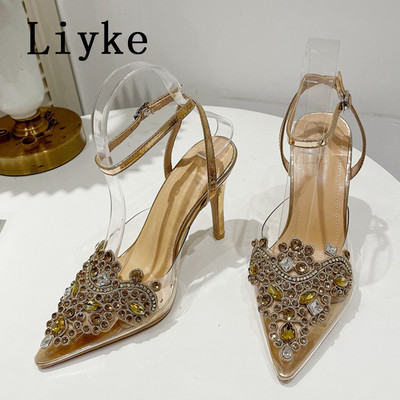Liyke Nové módne krištáľové kamienkové dámske lodičky Sexy členkové vysoké podpätky s remienkom na členku Svadobné banketové topánky Stiletto sandále Zlaté a strieborné
