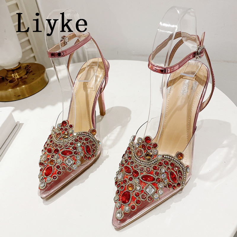 Liyke Nové módne krištáľové kamienkové dámske lodičky Sexy členkové vysoké podpätky s remienkom na členku Svadobné banketové topánky Stiletto sandále Zlaté a strieborné