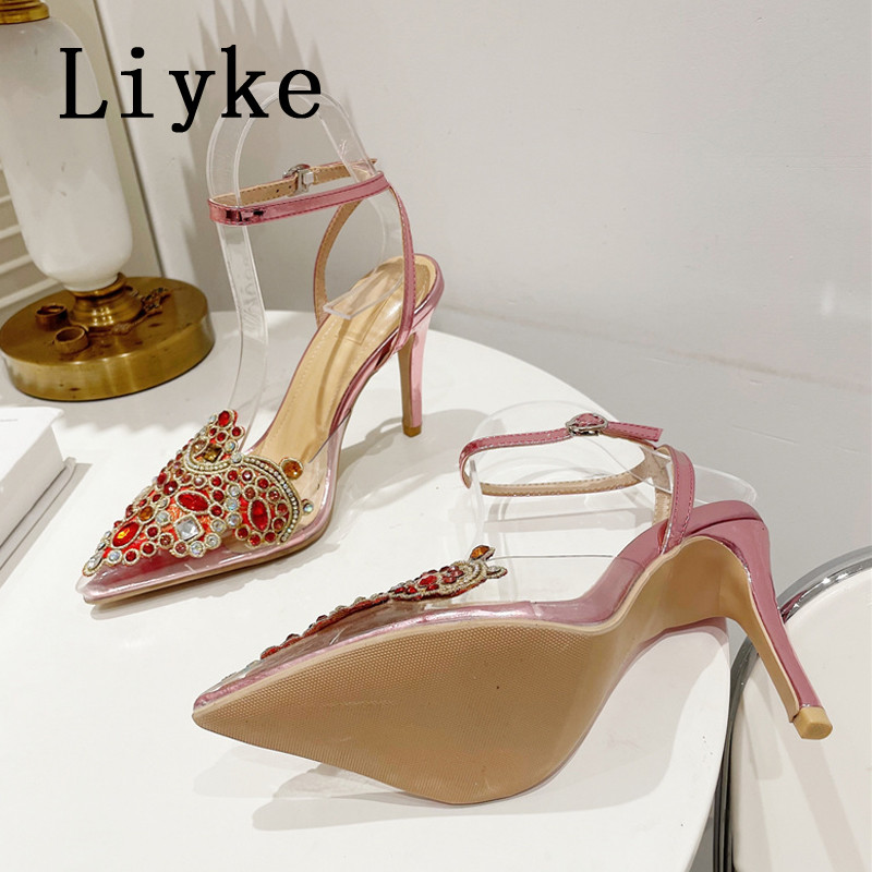 Liyke Nové módne krištáľové kamienkové dámske lodičky Sexy členkové vysoké podpätky s remienkom na členku Svadobné banketové topánky Stiletto sandále Zlaté a strieborné