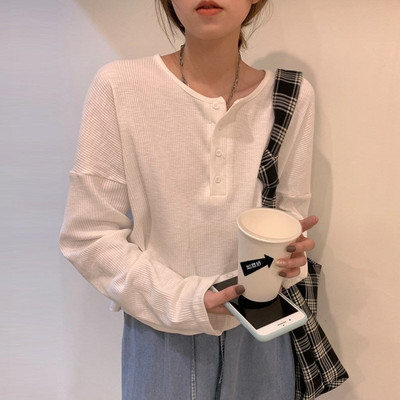 Tricouri cu mânecă lungă pentru femei, elegante, simplu, cu design pur, cu nasturi, retro, toamnă, tricouri pentru femei, top, îmbrăcăminte pentru femei, stil BF