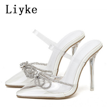 Liyke Секси обувки с остри пръсти Прозрачни обувки с високи токчета Модни дамски пантофи с кристални кристали и чехли Прозрачни сандали