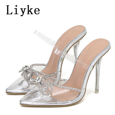 Liyke Seksi cipele sa šiljatim prstima Prozirne cipele s visokom potpeticom Modne mašne s kristalima i dijamantima Ženske salonke Papuče Prozirne sandale