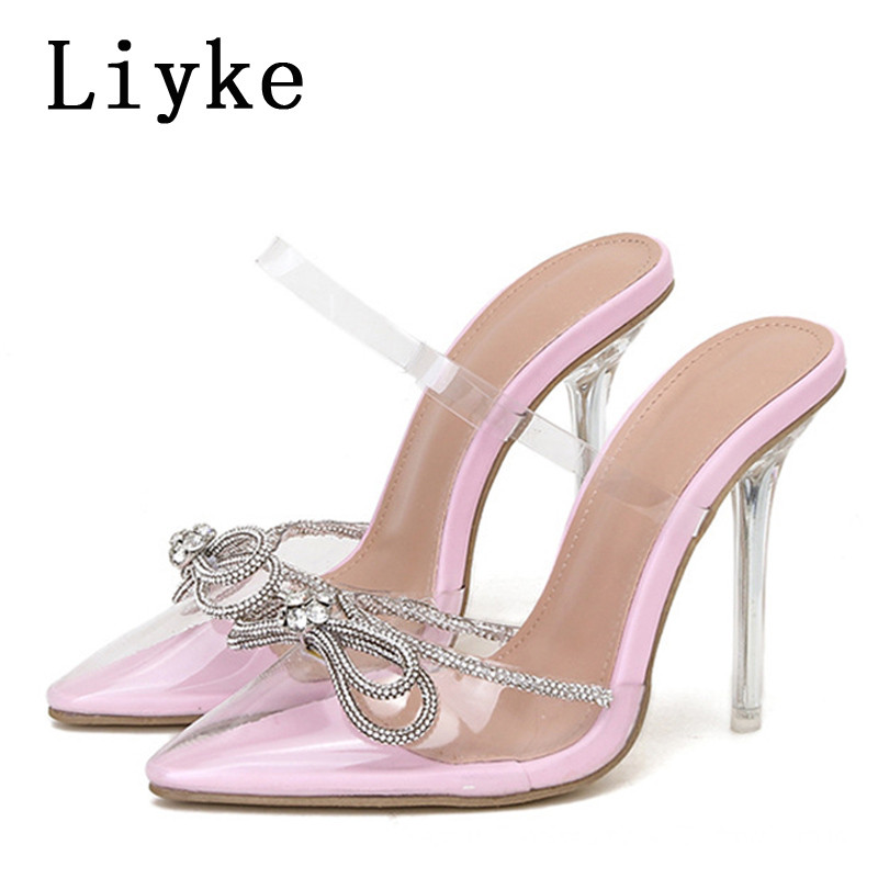 Liyke Seksi cipele sa šiljatim prstima Prozirne cipele s visokom potpeticom Modne mašne s kristalima i dijamantima Ženske salonke Papuče Prozirne sandale