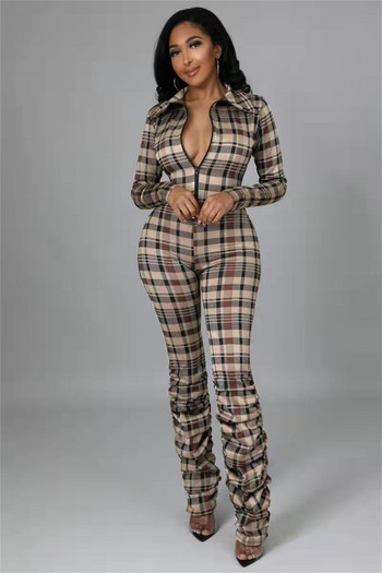 Νέο γυναικείο καρό μακρυμάνικο φερμουάρ Πλισέ παντελόνι Street Fashion Slim Jumpsuit Παντελόνι Φθινόπωρο / Χειμώνας