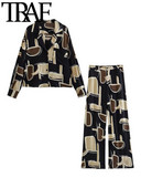 Dámske letné vintage potlačené obleky s vreckom a výstrihom do V, dlhým rukávom a voľnou blúzkou s vysokým pásom a striaght nohavicami, 2 kusy