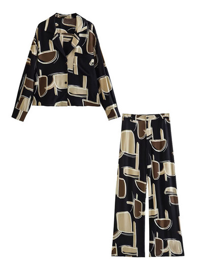 Dámske letné vintage potlačené obleky s vreckom a výstrihom do V, dlhým rukávom a voľnou blúzkou s vysokým pásom a striaght nohavicami, 2 kusy