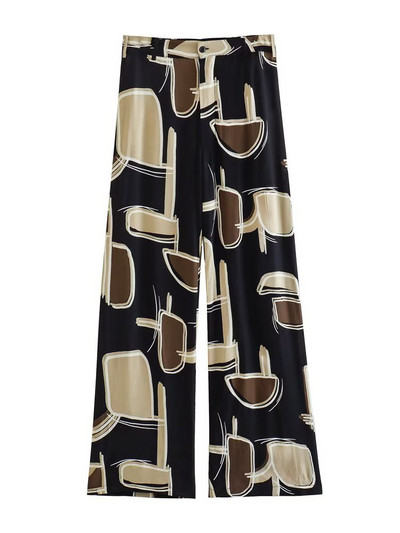 Dámske letné vintage potlačené obleky s vreckom a výstrihom do V, dlhým rukávom a voľnou blúzkou s vysokým pásom a striaght nohavicami, 2 kusy