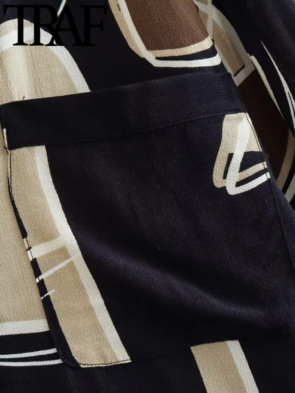 Dámske letné vintage potlačené obleky s vreckom a výstrihom do V, dlhým rukávom a voľnou blúzkou s vysokým pásom a striaght nohavicami, 2 kusy