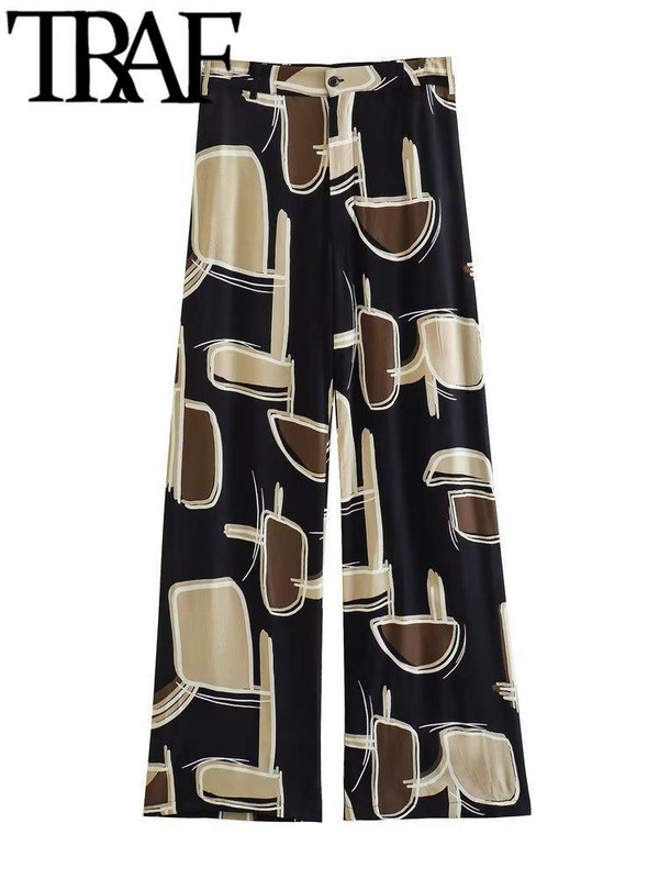 Dámske letné vintage potlačené obleky s vreckom a výstrihom do V, dlhým rukávom a voľnou blúzkou s vysokým pásom a striaght nohavicami, 2 kusy