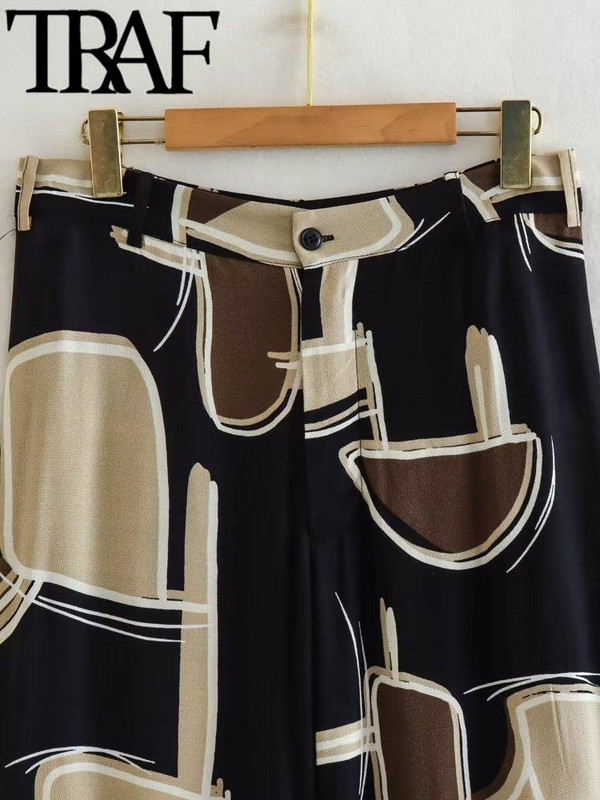 Dámske letné vintage potlačené obleky s vreckom a výstrihom do V, dlhým rukávom a voľnou blúzkou s vysokým pásom a striaght nohavicami, 2 kusy