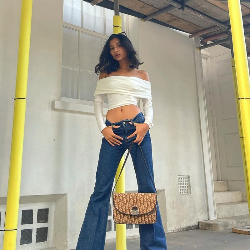 Elegantné dámske sexy tričko s odhalenými ramenami, jarné s dlhým rukávom, slim fit, crop top Y2K, vintage Harajuku biele tričká, elegantné dámske oblečenie