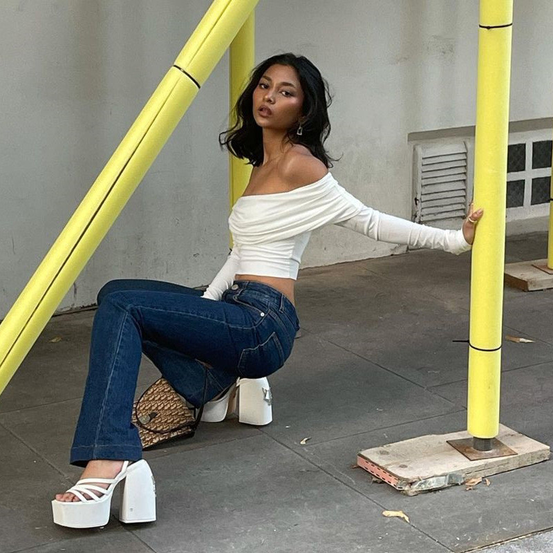 Elegantné dámske sexy tričko s odhalenými ramenami, jarné s dlhým rukávom, slim fit, crop top Y2K, vintage Harajuku biele tričká, elegantné dámske oblečenie