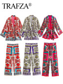 TRAFZA Ljetna šik odijela Ženska trendi print V-izrez dugi rukavi pojas + patentni zatvarač Široke hlače Ženski indie folk stilski kompleti