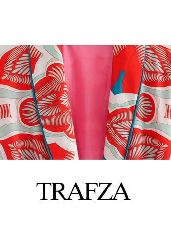 TRAFZA Summer Chic Κοστούμια Γυναικεία μοντέρνα στάμπα με λαιμόκοψη με μακρύ μανίκι μέση + παντελόνι με φαρδύ φερμουάρ Γυναικεία indie σετ λαϊκού στυλ